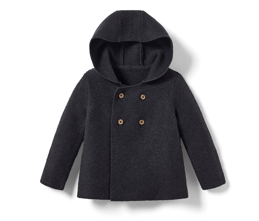 Tmavosivý detský pletený kabátik s melírom, kapucňou a gombíkmi.