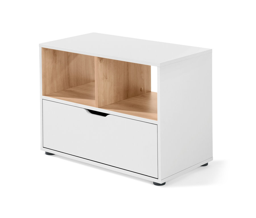 Biela komoda so zásuvkou a drevenými policami.