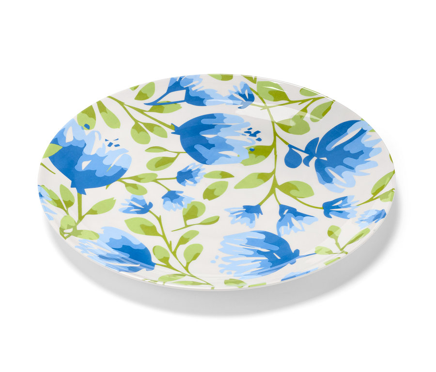 Servírovací tanier s modrými kvetmi a zelenými listami.