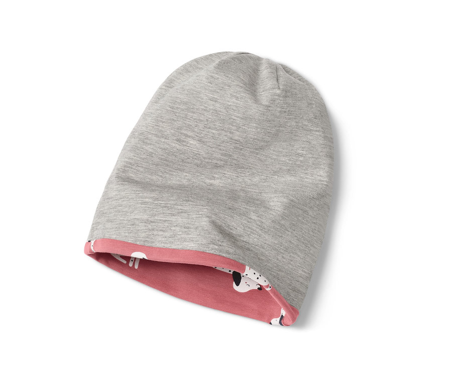 Detská obojstranná čiapka, ružovo-sivá.