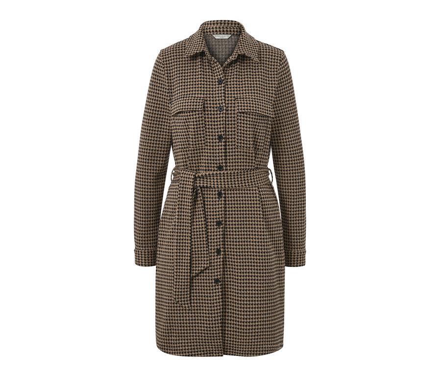 Hnedé teplákové šaty so žakárovým vzorom kohútej stopy, s dlhými rukávmi, gombíkmi a opaskom.
