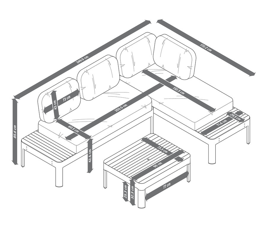 Náčrt rohovej sedacej súpravy a konferenčného stolíka s nastaviteľnou výškou a rozmermi.