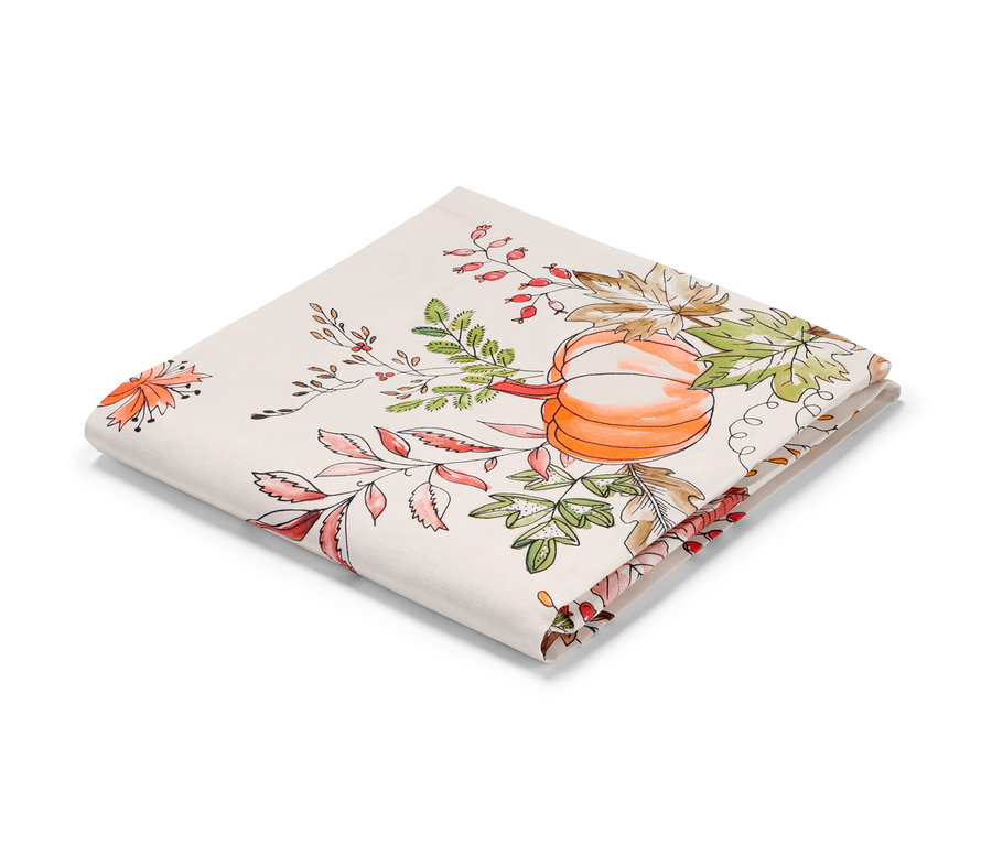 Zložený obrus cca 90 x 90 cm s motívom tekvice a listov.