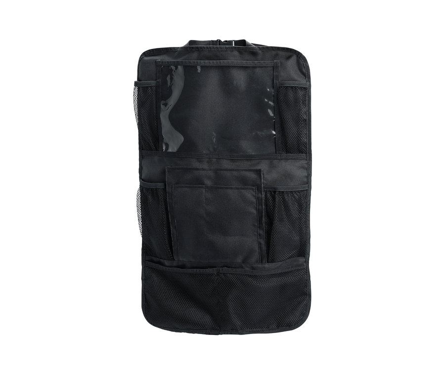 Čierny organizér na zadné sedadlo s vreckami rôznych veľkostí.