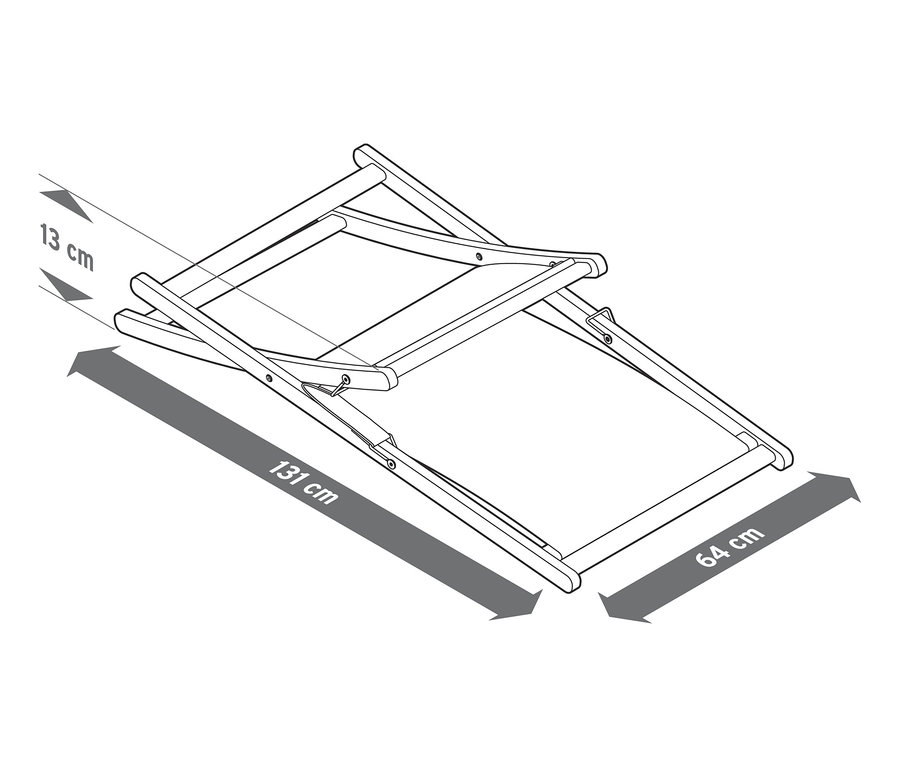 Ilustrácia skladacieho relaxačného kresla s rozmermi 131 cm dĺžka a 64 cm šírka.