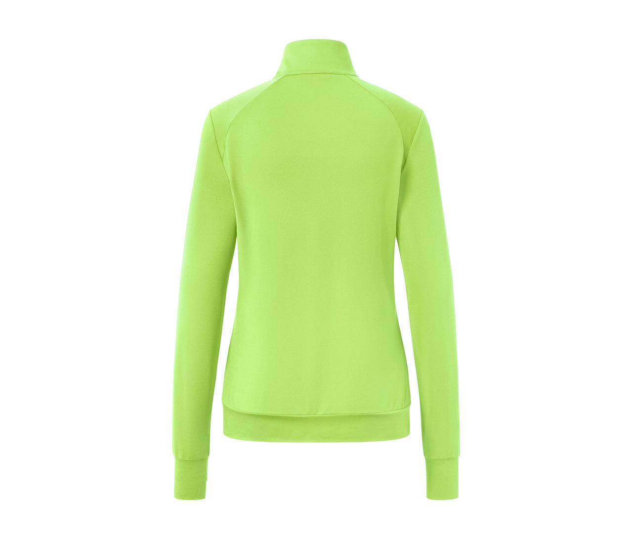 Pohľad zozadu na limetkovú funkčnú bundu.