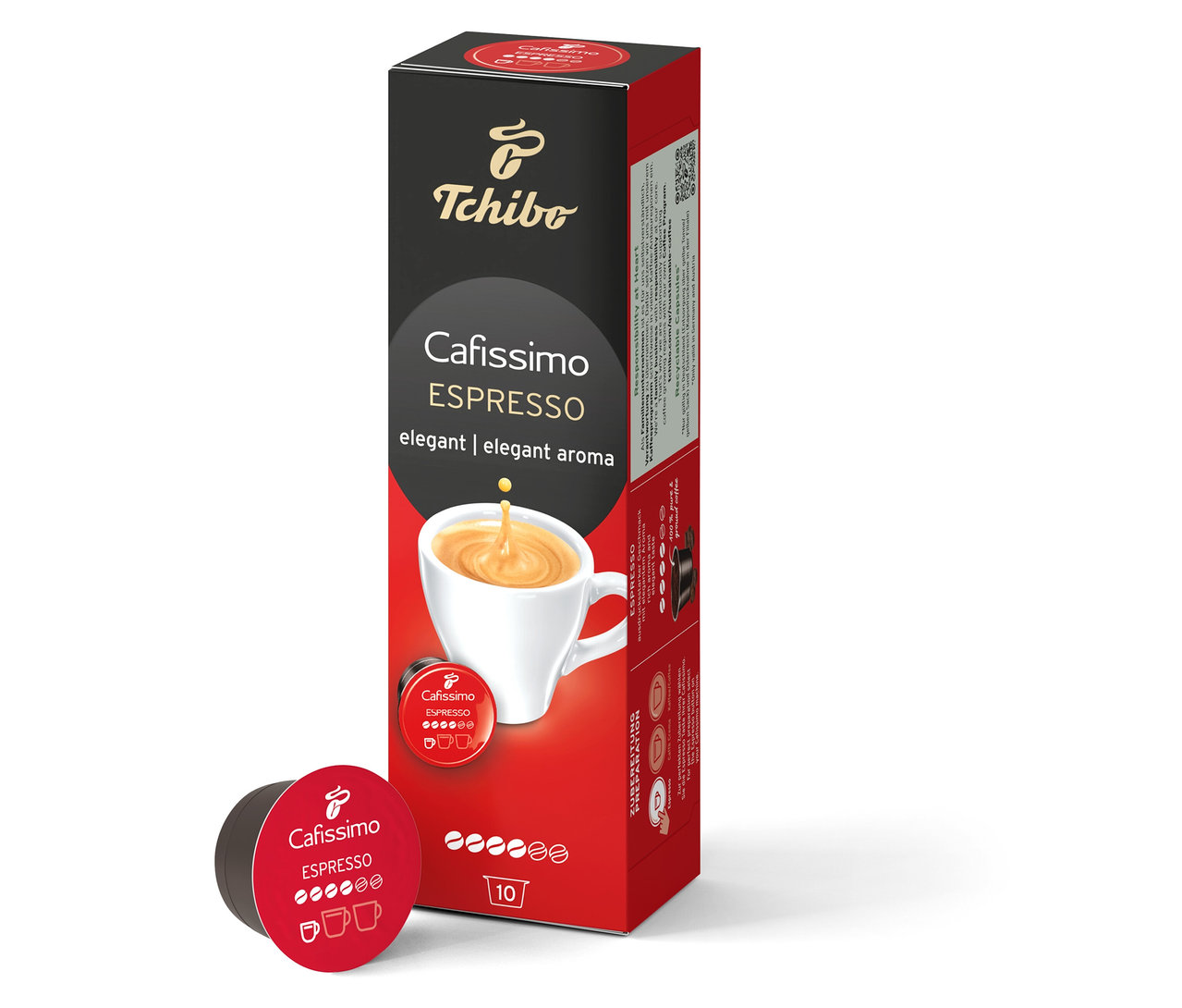 Balenie Cafissimo Espresso elegant - 10 kapsúl stojí vedľa jednej kapsuly.