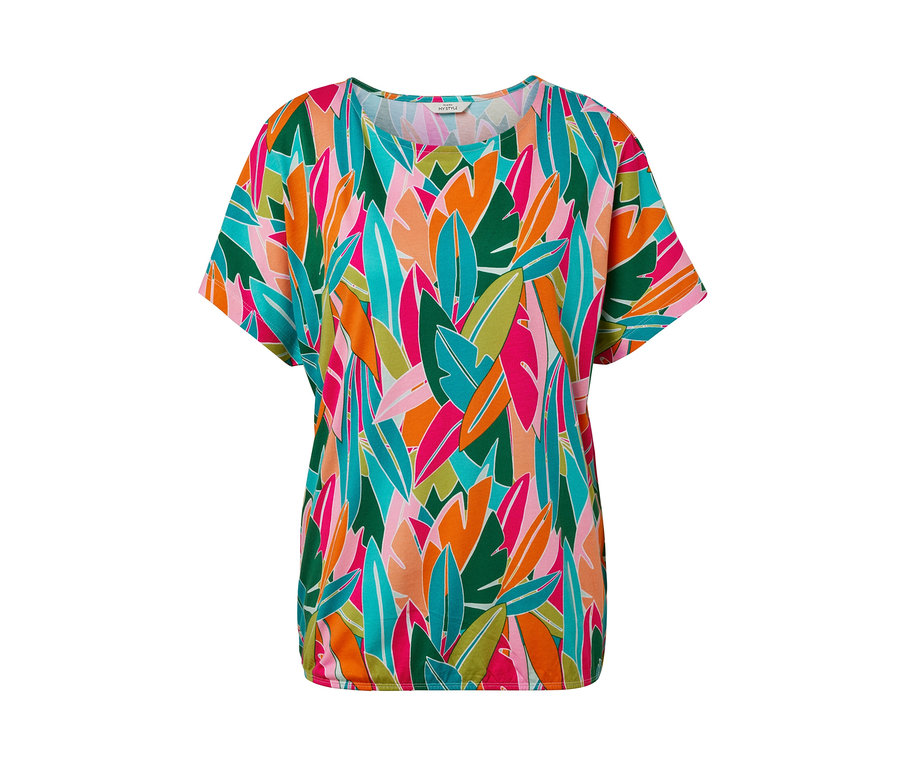 Spadnuté blúzkové tričko s celoplošnou potlačou listov v zelenej, ružovej, oranžovej a modrej farbe.