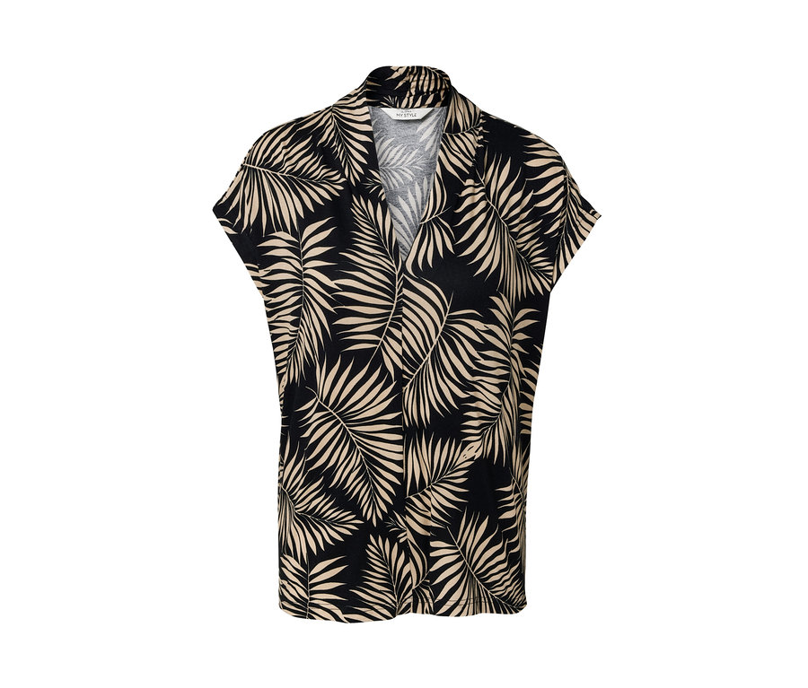 Blúzkové tričko s potlačou s výstrihom do V a s motívom listov.