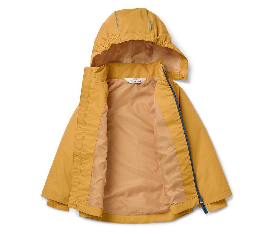 Otvorená žltá bunda s kapucňou a modrým zipsom.