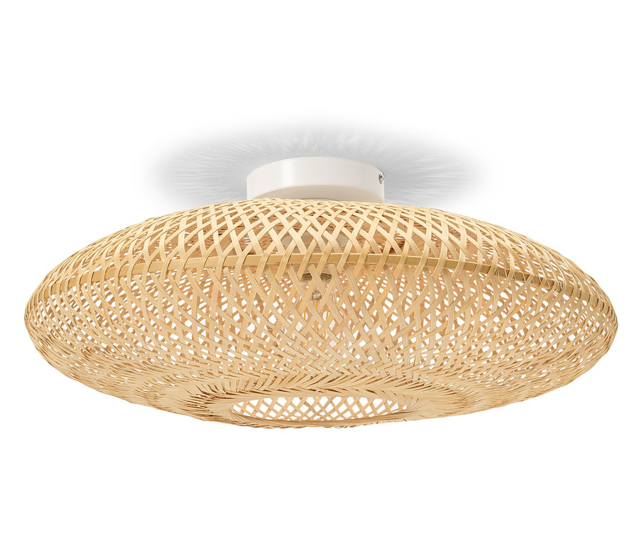 Oválne stropné svietidlo zo svetlého bambusu s bielym stropným držiakom.