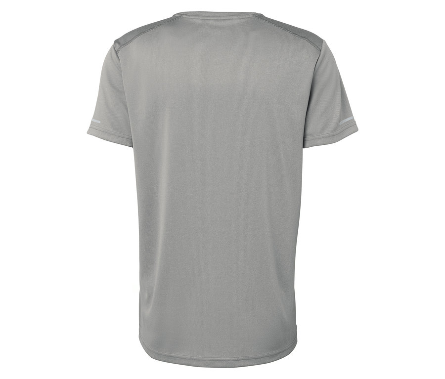 Pohľad zozadu na sivé tričko s krátkym rukávom.