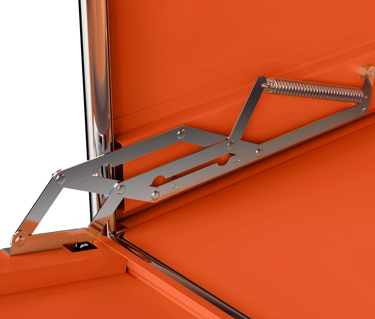 Detail interiéru oranžovej kovovej odkladacej skrinky »CN3« s 1 výklopným priečinkom.