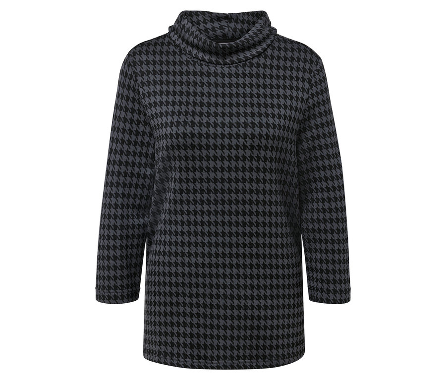 Sivé tunikové šaty s kohúťou stopou a dlhými rukávmi.