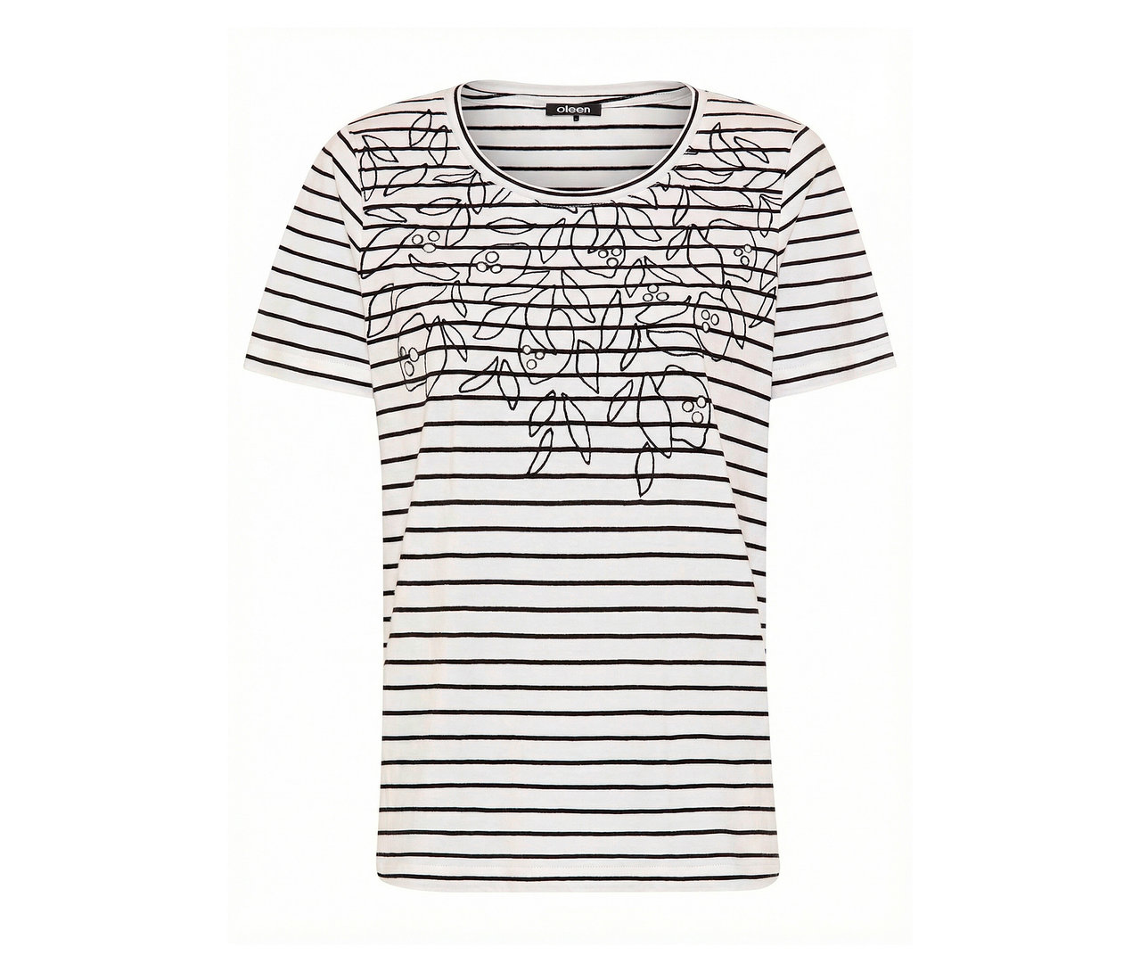 Tričko Olsen s čiernymi pruhmi a kvetinovým vzorom na bielom pozadí.