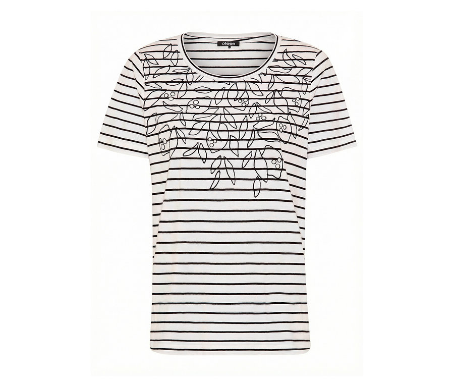 Tričko Olsen s čiernymi pruhmi a kvetinovým vzorom na bielom pozadí.