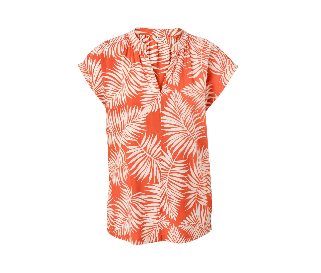 Oranžová blúzka s krátkym rukávom s potlačou listov.