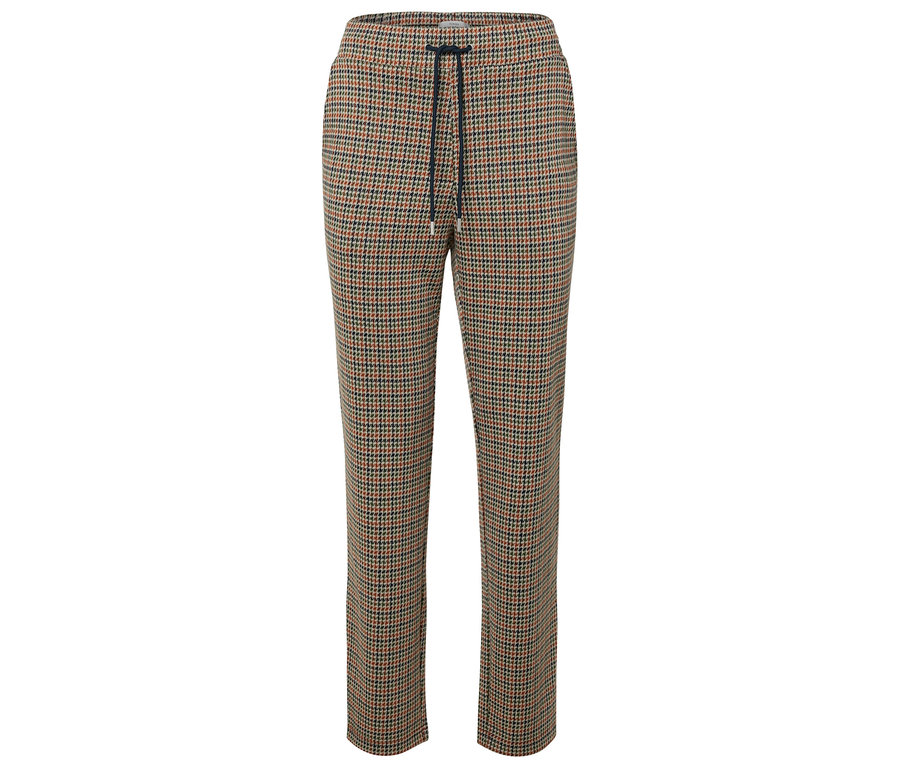 Hnedé nohavice s kohútou stopou a sťahovacou šnúrkou.