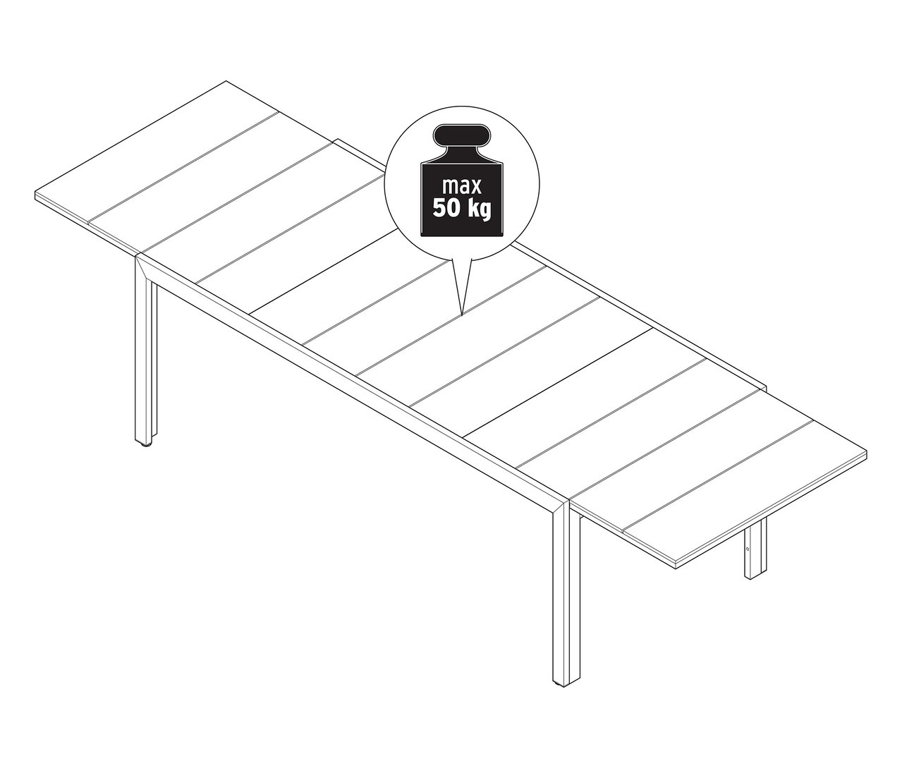 Ilustrácia rozkladacieho záhradného stola s doskou Duraboard, cca 200 – 300 cm, s maximálnou nosnosťou 50 kg.