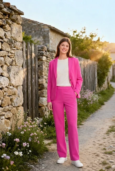 Žena má na sebe ružové sako a nohavice s koženými teniskami a striebornými náušnicami 925 so zirkónovým oblúkom.