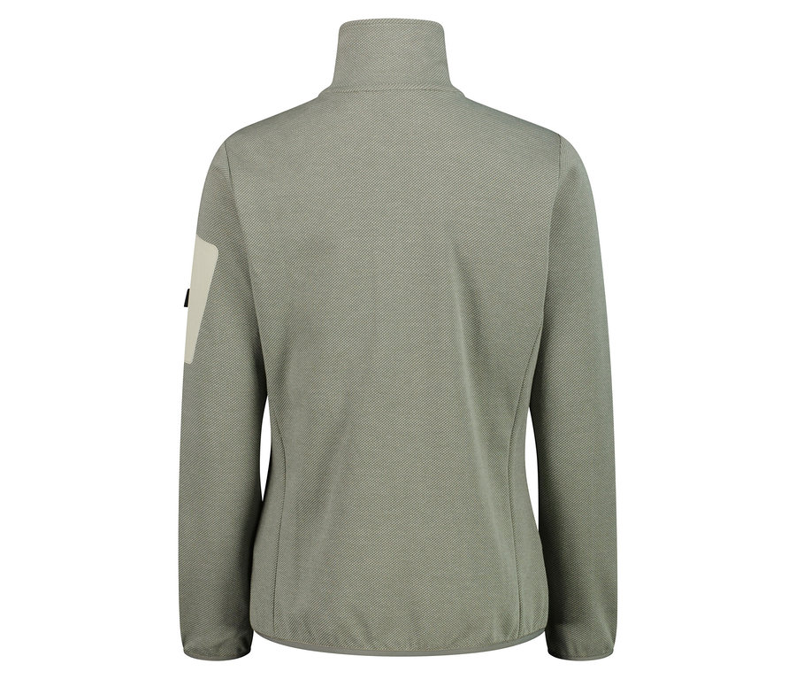 Pohľad zozadu na khaki fleecovú bundu s vysokým golierom a zipsom po celej dĺžke.