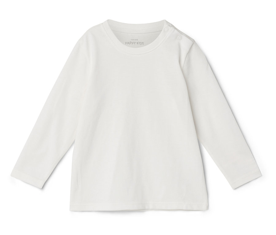 Dlhé biele detské tričko s gombíkmi pri výstrihu leží na bielom pozadí.