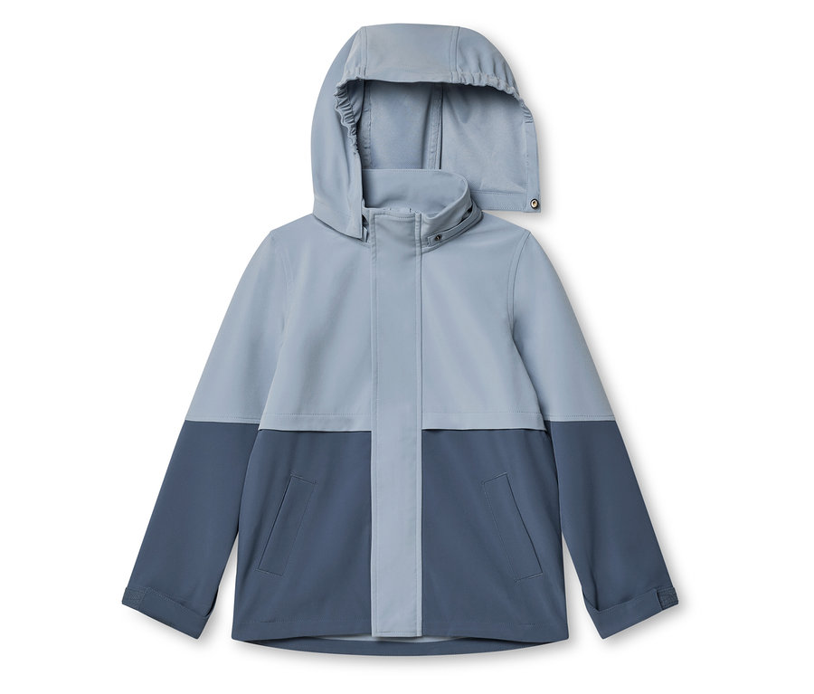 Dvojfarebná bunda v modrej farbe s kapucňou, pohľad spredu.