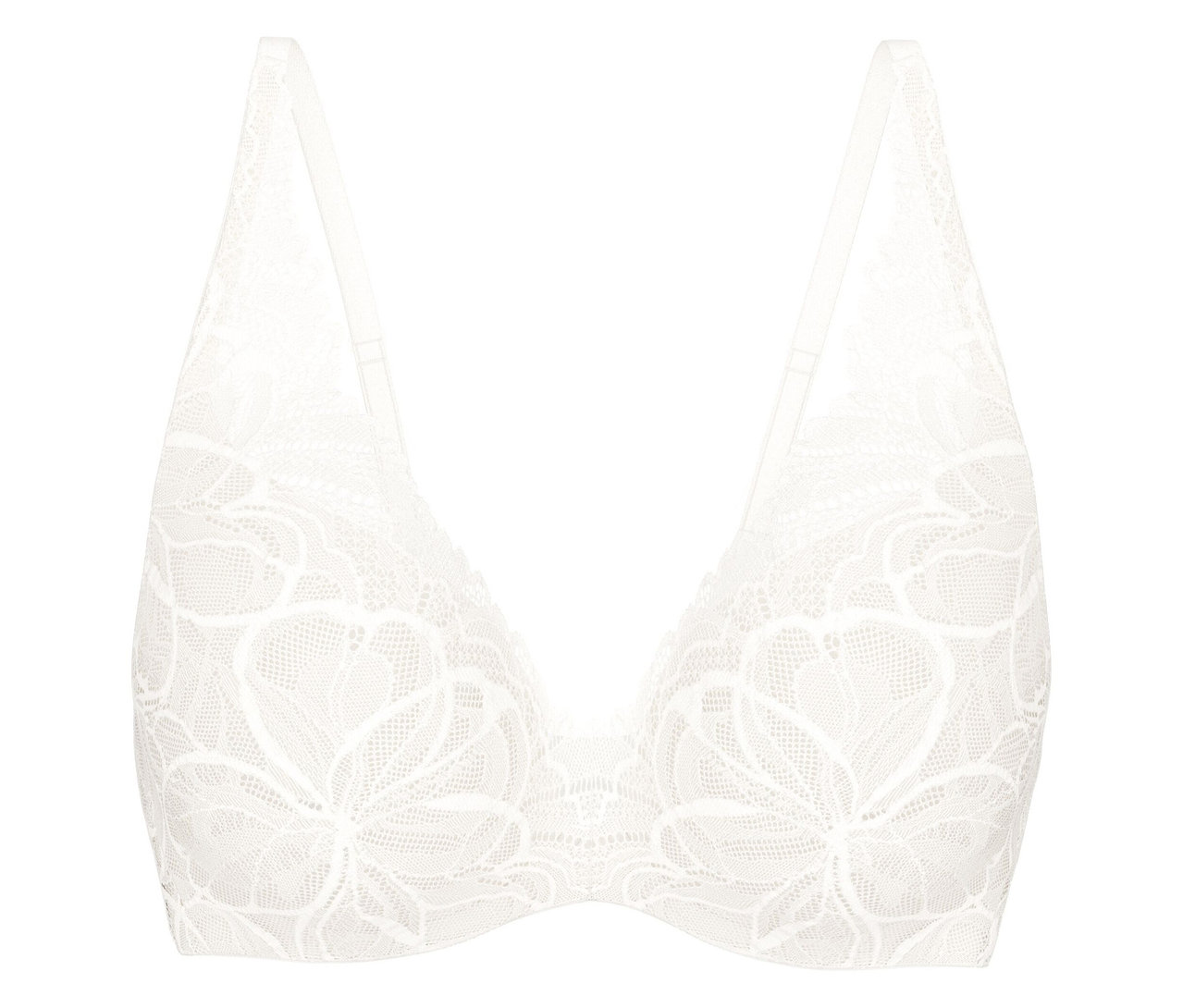 Biela podprsenka Triumph Body Makeup Illusion Lace WP s kvetinovým čipkovaným vzorom a tenkými ramienkami.