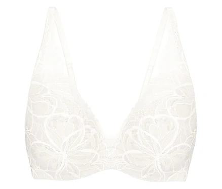 Biela podprsenka Triumph Body Makeup Illusion Lace WP s kvetinovým čipkovaným vzorom a tenkými ramienkami.