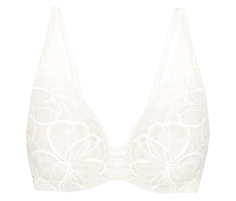 Biela podprsenka Triumph Body Makeup Illusion Lace WP s kvetinovým čipkovaným vzorom a tenkými ramienkami.