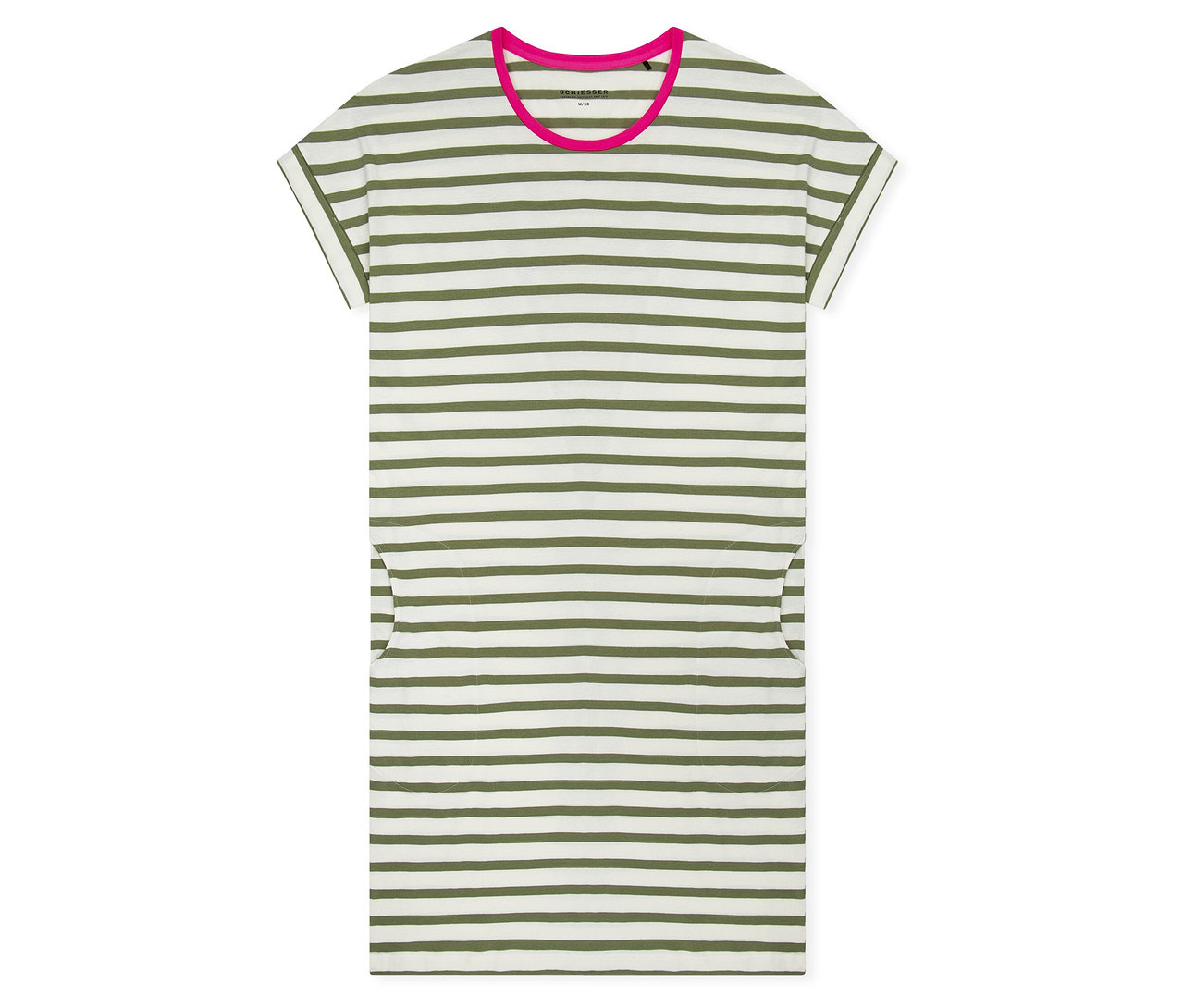 Nočná košeľa SCHIESSER, biela s olivovozelenými pruhmi, ružovým okrúhlym výstrihom, krátkymi rukávmi a dvoma bočnými vreckami.