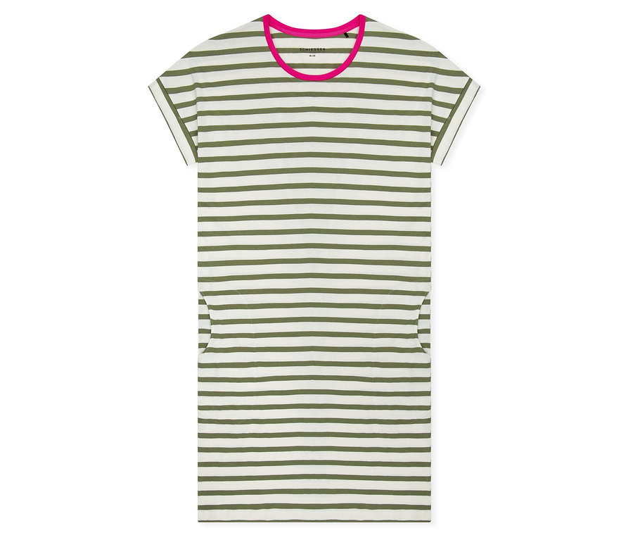 Nočná košeľa SCHIESSER, biela s olivovozelenými pruhmi, ružovým okrúhlym výstrihom, krátkymi rukávmi a dvoma bočnými vreckami.