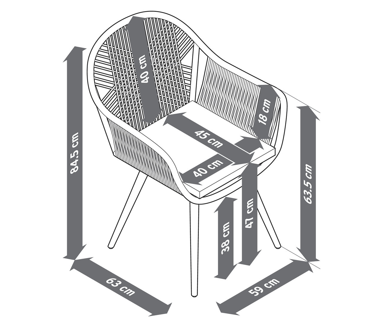 Detailná schematická reprezentácia záhradnej stoličky s textilnou krížovou väzbou vrátane rozmerov.