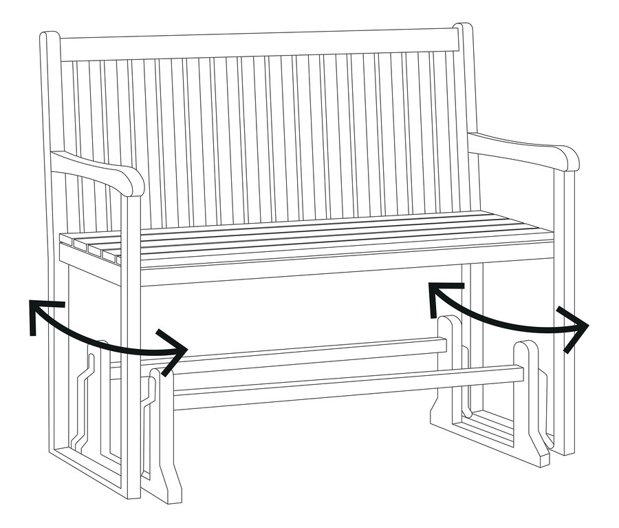 Nákres záhradnej lavice s kývavým pohybom naznačeným šípkami.