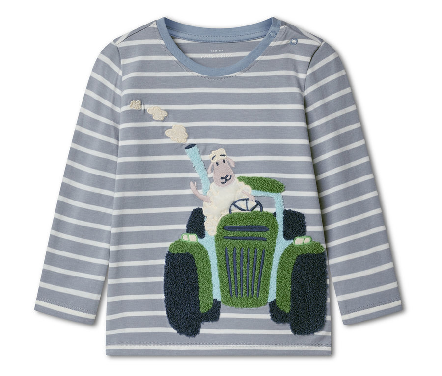 Tričko s dlhým rukávom so sivo-bielymi pruhmi a vyšívanou ovcou jazdiacou na zelenom traktore.
