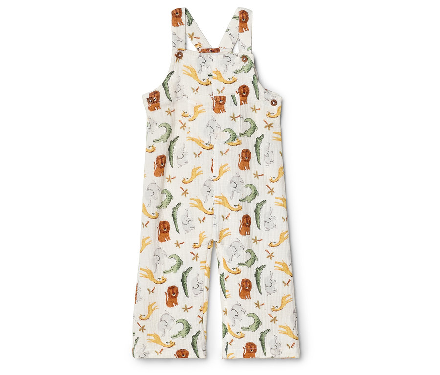 Biele detské montérky so vzorom krokodíla, leva a hviezdy.