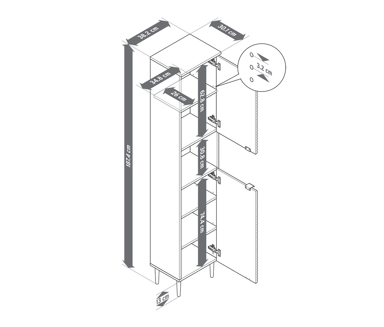 Nákres vysokej kúpeľňovej skrinky »SONARI« s dverami a rozmermi.