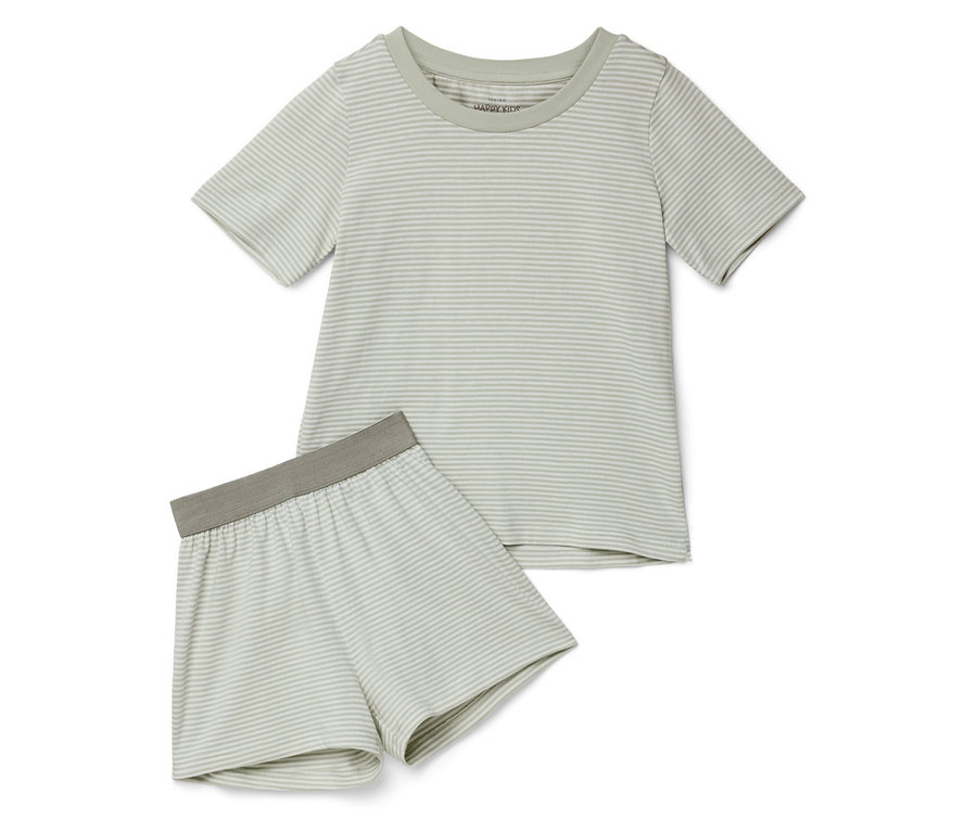 Pruhovaná svetlozelená pyžamová súprava s krátkym rukávom, pozostávajúca z vrchného dielu a šortiek.