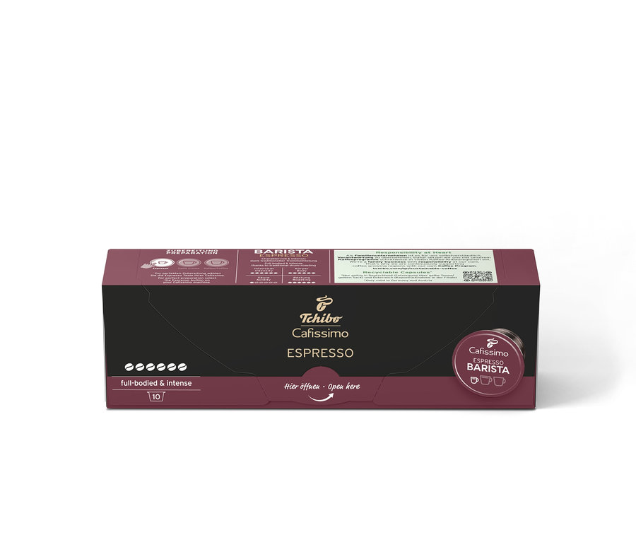 Balenie 10 kapsúl Cafissimo BARISTA Espresso. Tmavohnedá krabička s čiernym stredom a nápisom Cafissimo ESPRESSO.