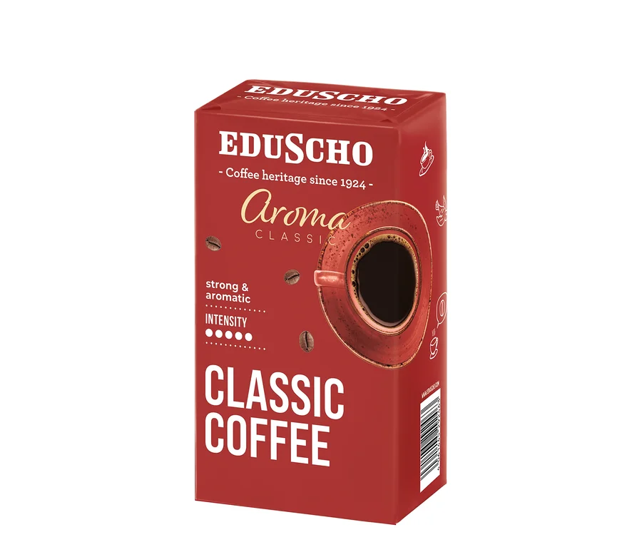 Červené balenie mletej kávy Eduscho Aroma Classic 500 g.