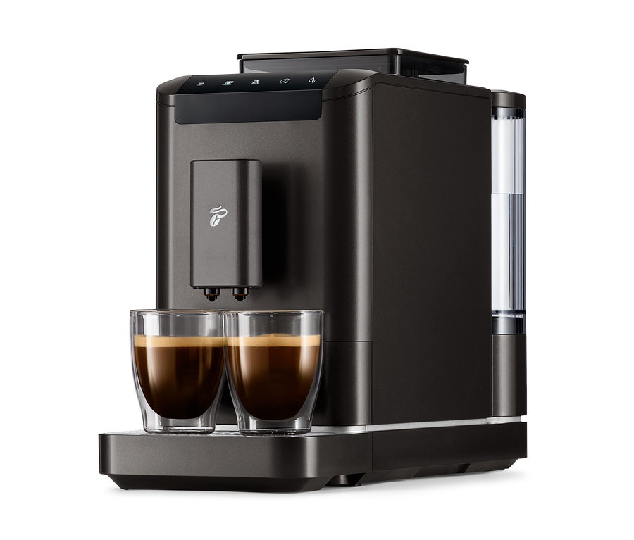 Čierny kávovar »Esperto2 Caffè« a dve šálky s kávou.