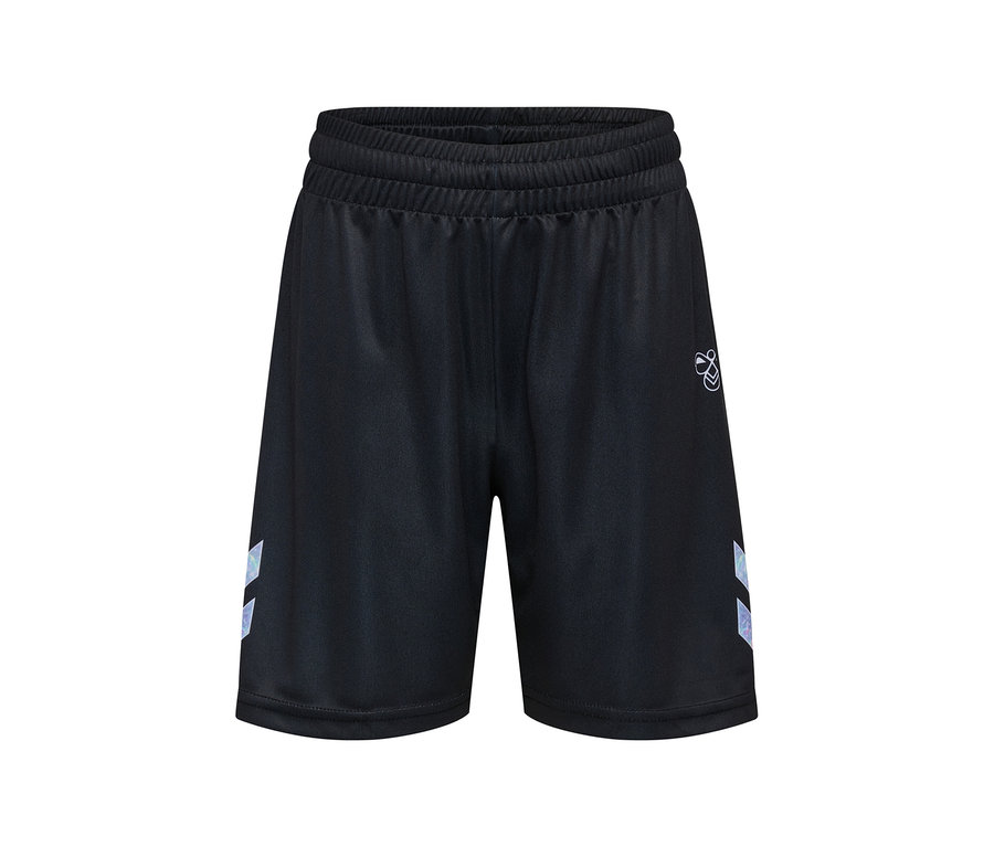 Čierne šortky hummel® »HML Shimmer Shorts« s elastickým pásom, logom hummel a dvoma dúhovými pruhmi v tvare šípky po stranách.