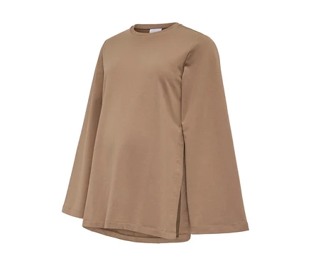 Svetlohnedý MAMALICIOUS Sweat Top »MLSINE LS« s okrúhlym výstrihom, širokými, rozšírenými dlhými rukávmi a bočnými rozparkami na leme.
