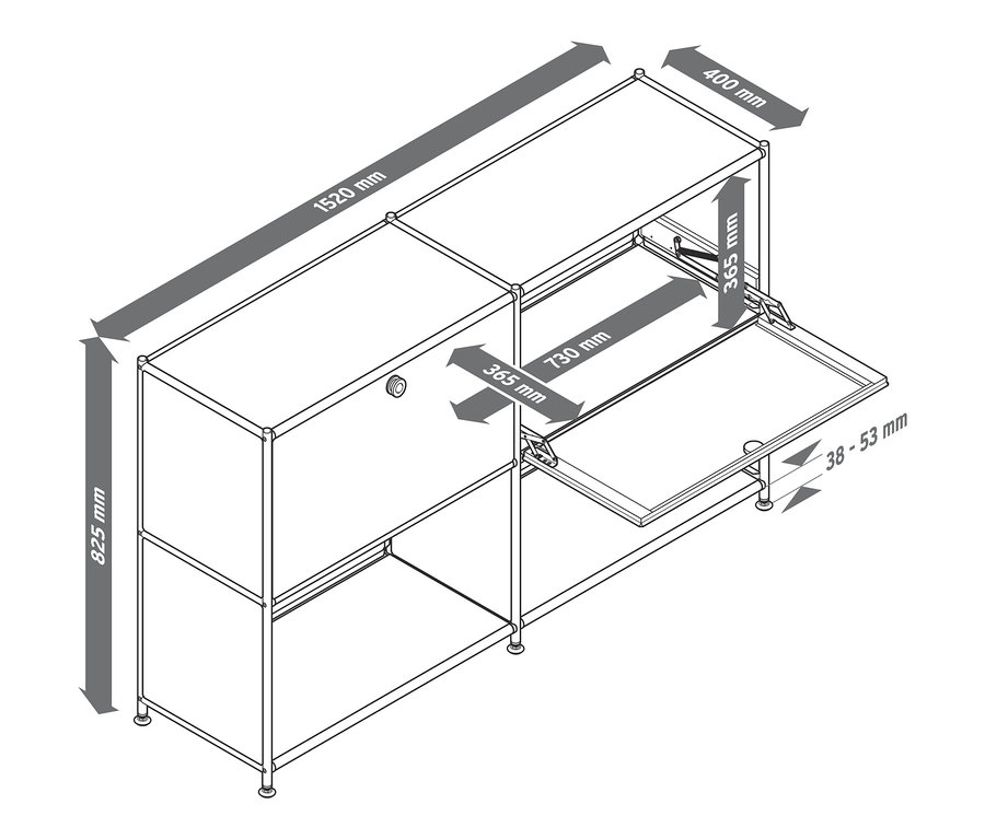 Nákres kovovej odkladacej skrinky s 2 nastaviteľnými výklopnými priehradkami a rozmermi.