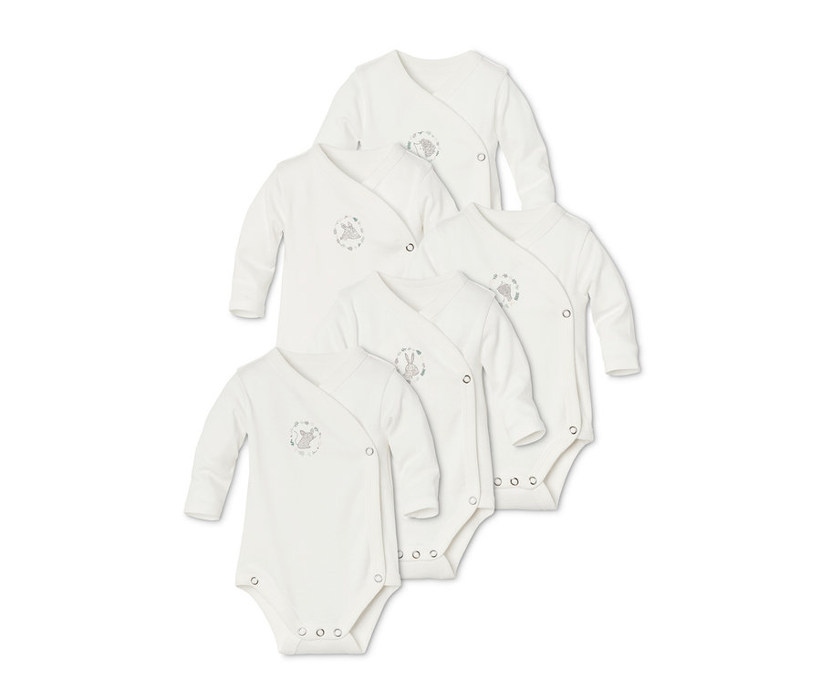 Päť bielych bavlnených body s dlhým rukávom a potlačou zvieratiek.