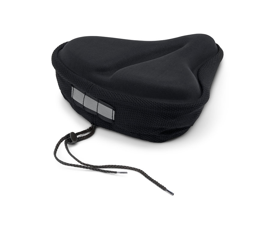 Čierny poťah na sedadlo bicykla s pamäťovou penou leží na bielom pozadí.