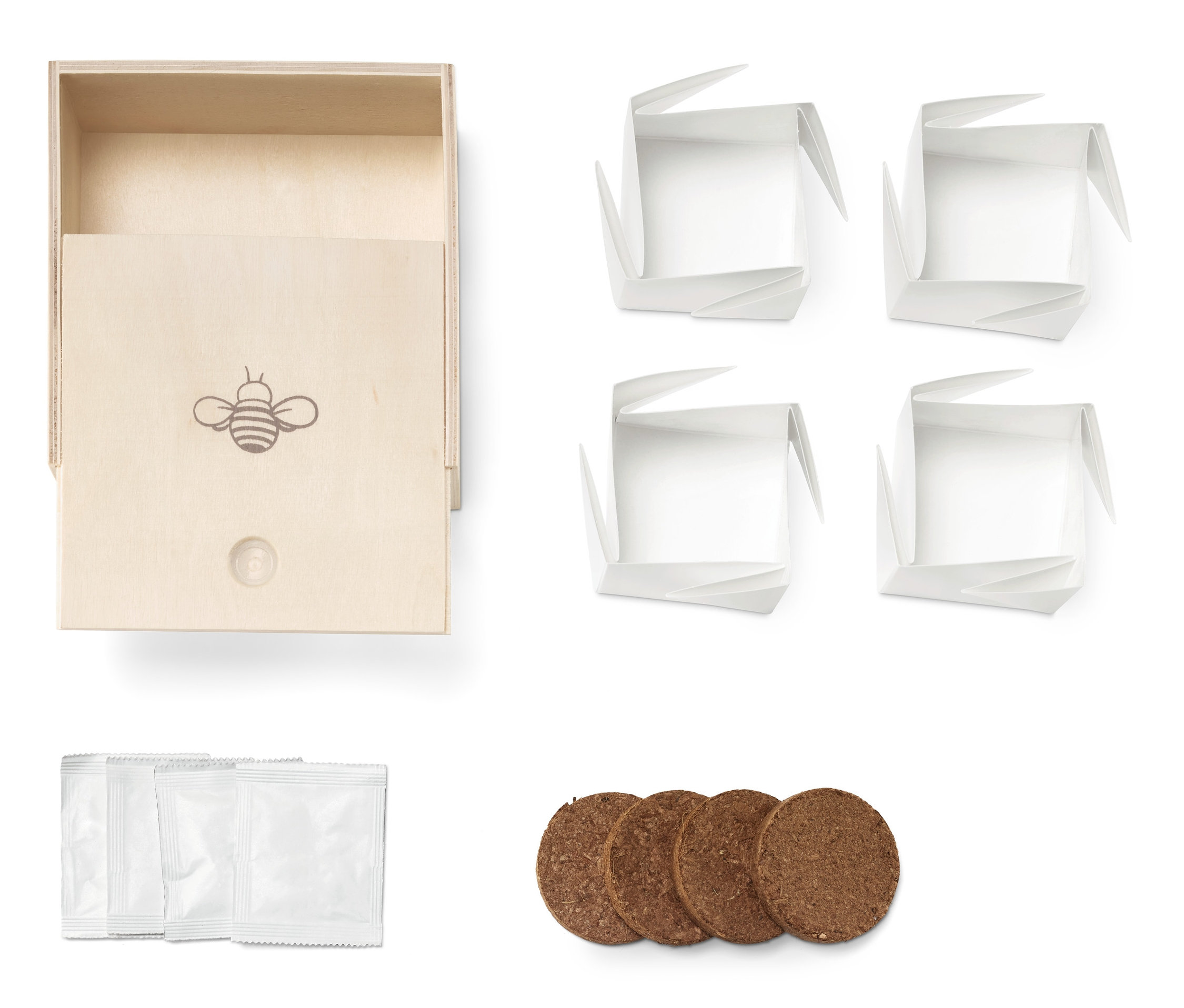 Otvorený set na pestovanie pre deti s papierovými kvetináčmi, semenami a substrátom.