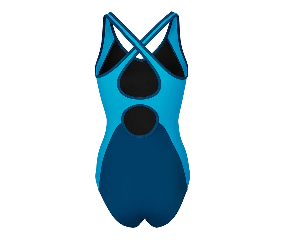 Pohľad zozadu na športové jednodielne plavky v modrej farbe s čiernymi detailmi.
