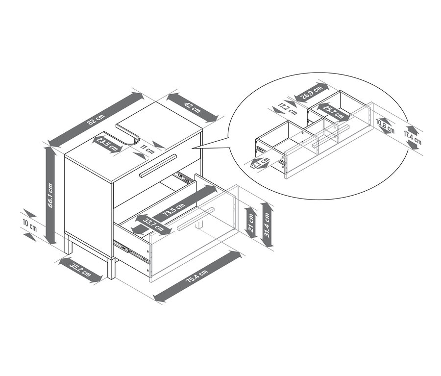 Schéma skrinky pod umývadlo »Eklund« s 2 zásuvkami a rozmermi.