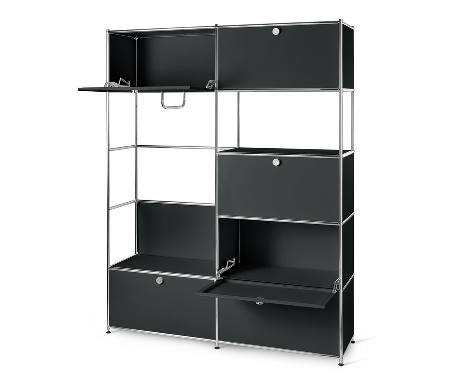 Čierny kovový skriňový systém »CN3« s otvorenými dverami.